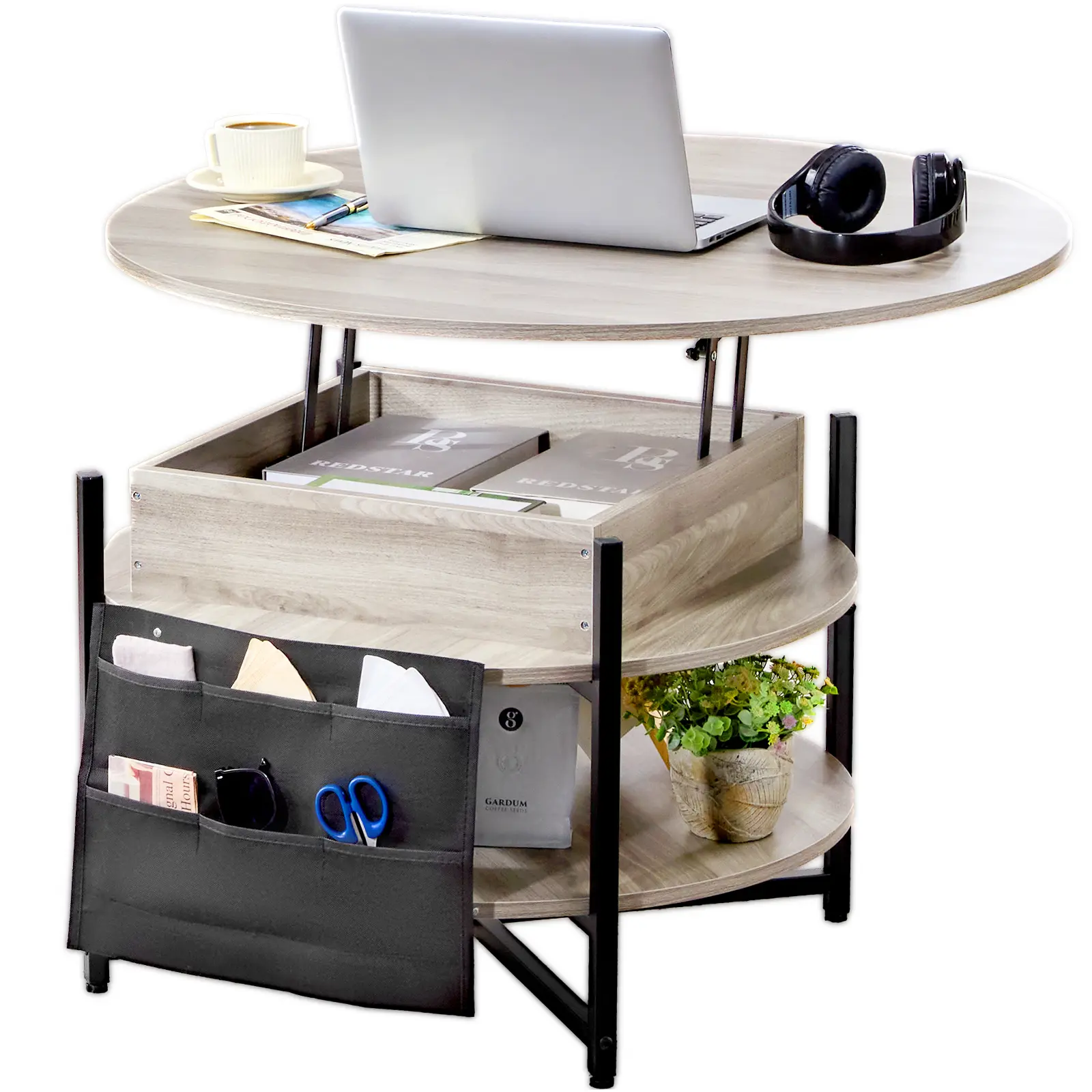 VEVOR Lift Top Coffee Table,  35.3 in Round Coffee Table with Extra Storage Pockets, Pop Up Coffee Table for Living Room, White