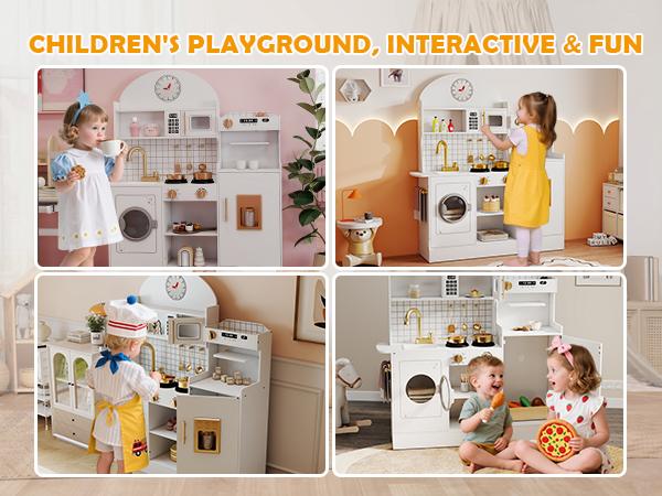 Kids Play Kitchen Set with Sound & Light Pretend Wooden Playset for Kids Age 3+ Includes Oven Washing Machine & Toy Coffee Station