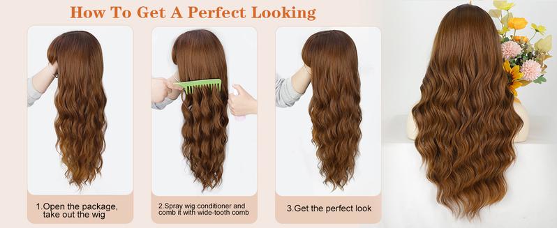 AISI HAIR Auburn Wig with Bangs Long Wavy Ginger Wig Natural Looking Heat Resistant Synthetic Curly Full Wigs for beginners Women Daily Use