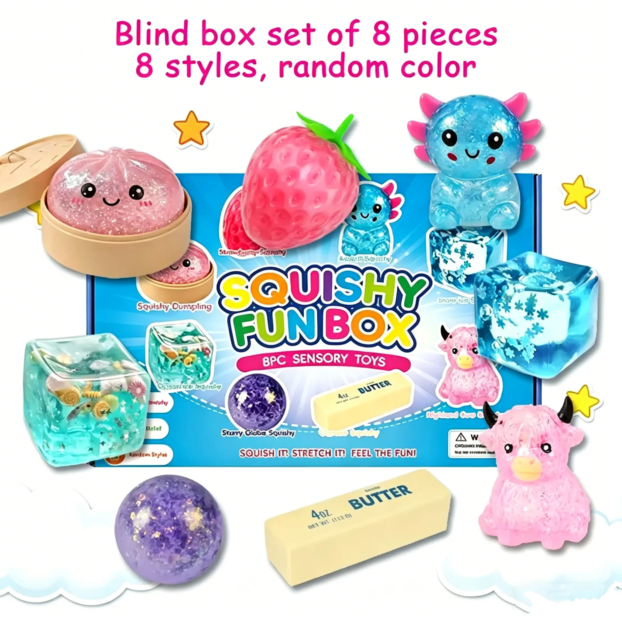 8 Different Designs Malt Sugar Stress Relief Toy Pack, Soft Moldable Squishy Sensory Bundle, Creative Gift for Party Activities