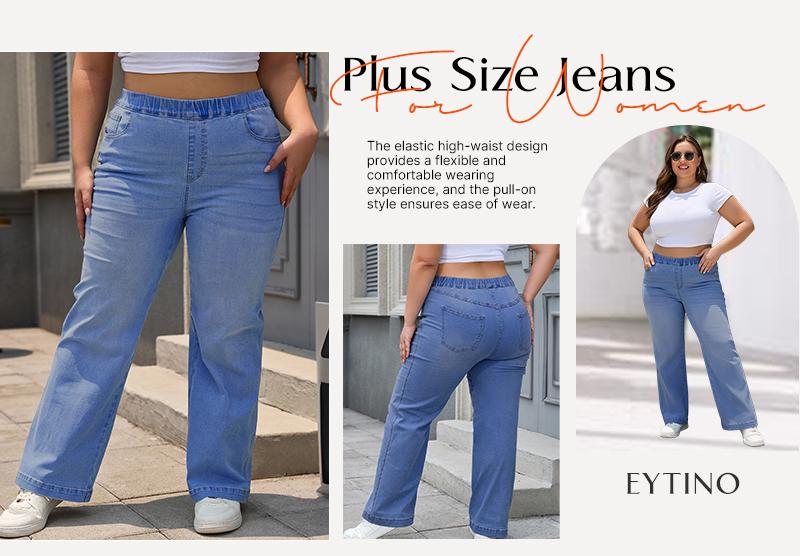 Eytino Womens Plus Size Jeans Straight Leg High Waisted Stretchy Denim Pull On Pants with Pockets(1X-5X)