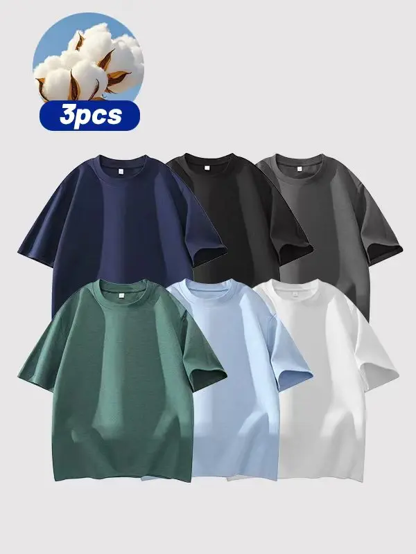 summervibes Men's 3PCS 100% cotton Crew Neck T-Shirts Set - Soft Loose Fit Navy Gray Black Tees for Casual Daily Wear Crewneck Classic