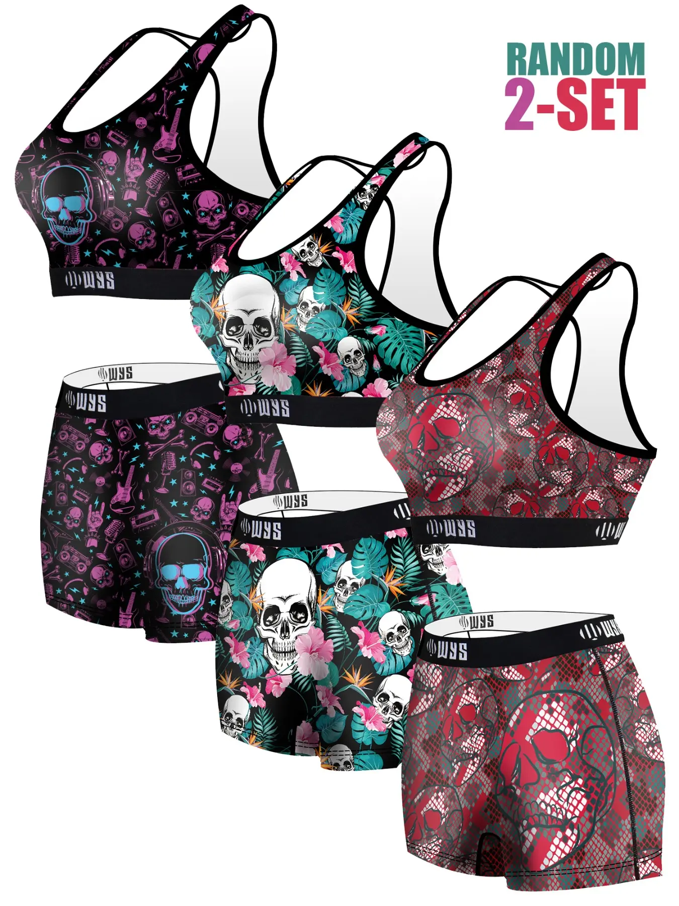 RANDOM  2-SET  Women's Sports Bra Set, High Waist Wireless Underwear, Halloween Skull Pattern, Breathable Quick-Dry, Gym Yoga Running Swim, Sporty Bra Set, Sportswear Set, Sports Clothes, All Season Activewear, Sportswear Clothing