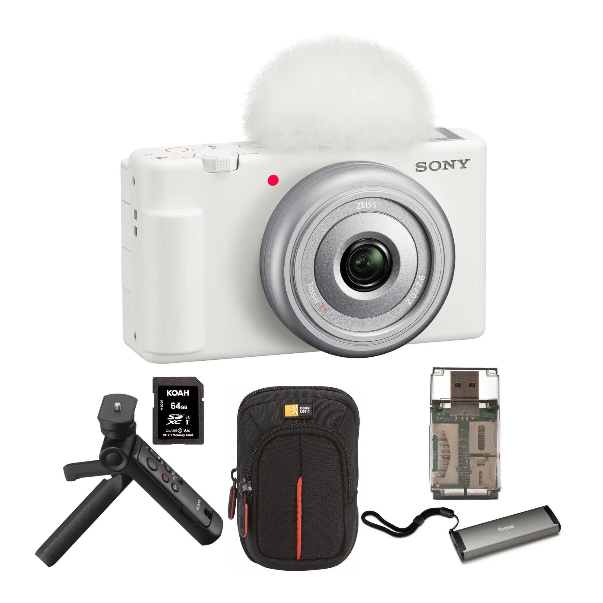 Sony ZV-1F Compact Vlog Camera (White) Bundle with Rechargeable Micro Lens, Wireless Accessory, Memory Storage, Tripod, SD Card, Bluetooth Device & Sony Vlogger Accessory Kit for Content Creation