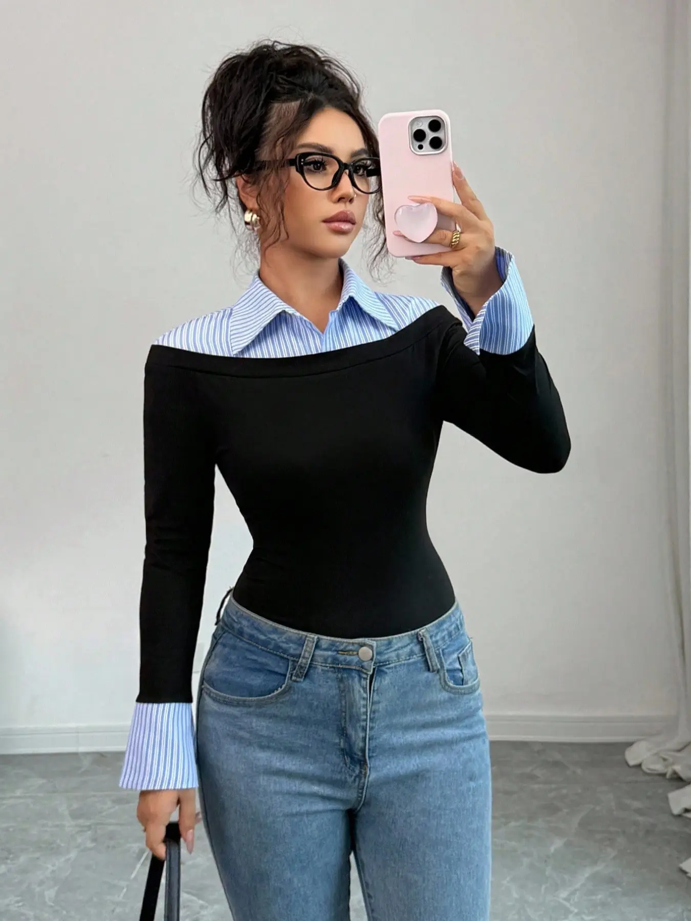 Women's Fashion Blue Striped Collar Split Design Knitted Pullover Tees Long Sleeve Top, Knitting, Womenswear, Elegant Commuter Style Casual Wear, Comfortable Fit, Fitted Knitwear, Casual Cozy Jumper