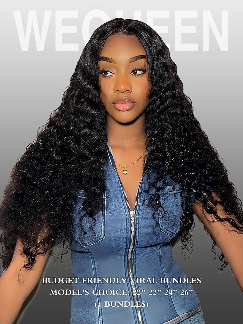 [Wequeen] Water Wave Hair Bundles 12-28 Inch Budget Friendly 10A Grade Brazilian 100% Human Hair Wet Look Quick Weave Sew in/Glue in Free Perm Rods Valentine Gifts