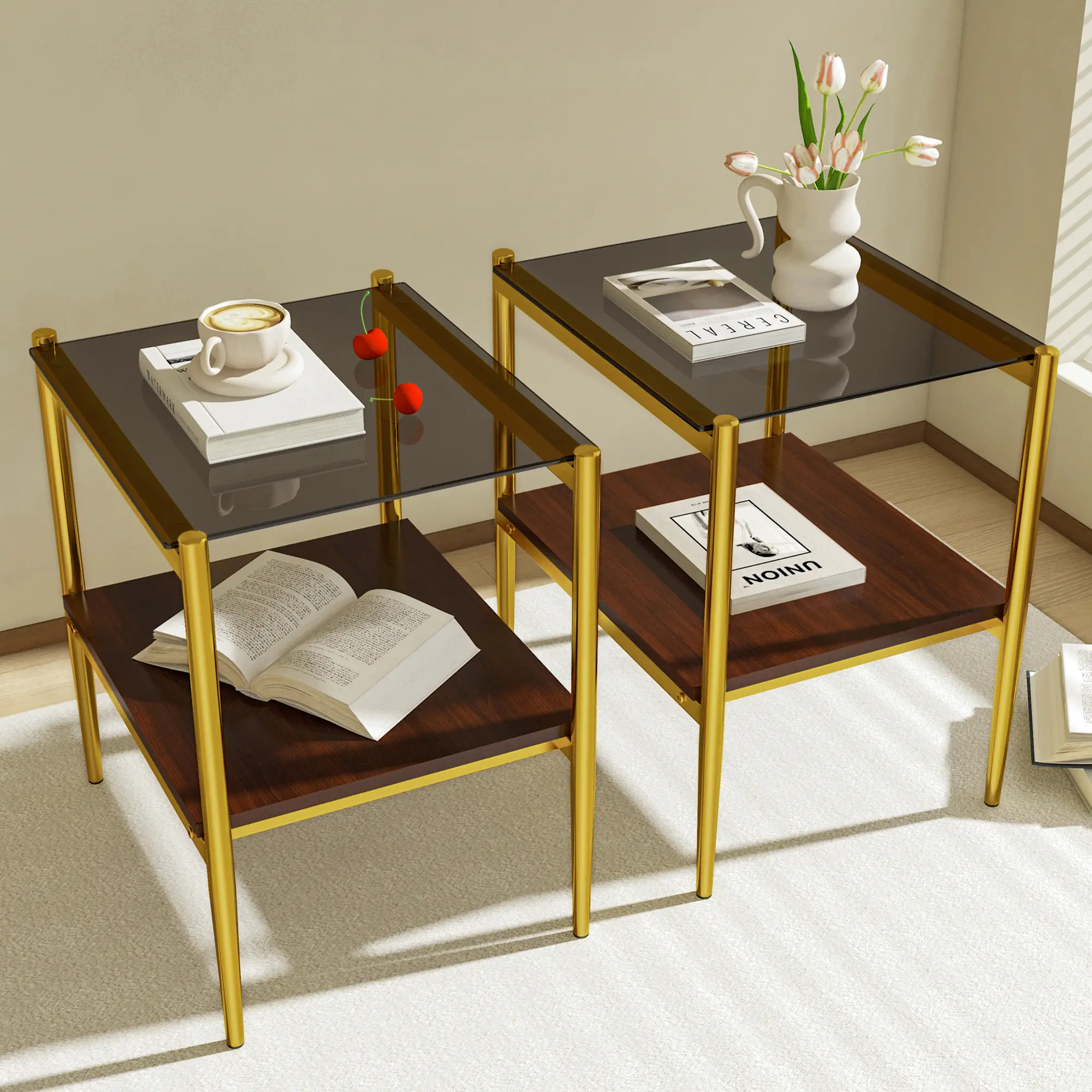 Set of 2 Rectangle Tempered Glass Tabletop End Table with MDF layer for Living Room, Gray Glass
