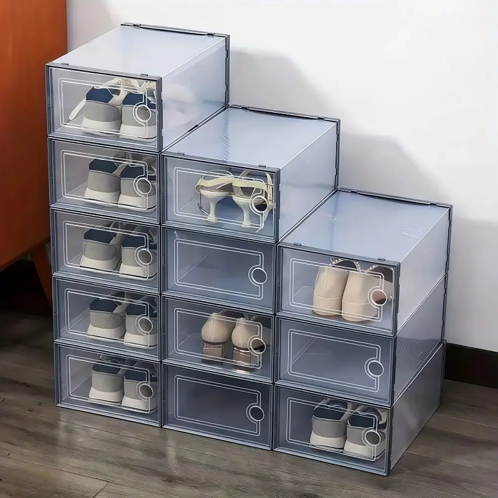 Stackable Shoe Storage Organizer Boxes, 12/24 Pcs No-Assembly Foldable Containers with Dustproof Doors, Heavy-Duty 23kg Load Bearing for Closets, Plastic, Load Bearing 23Kg