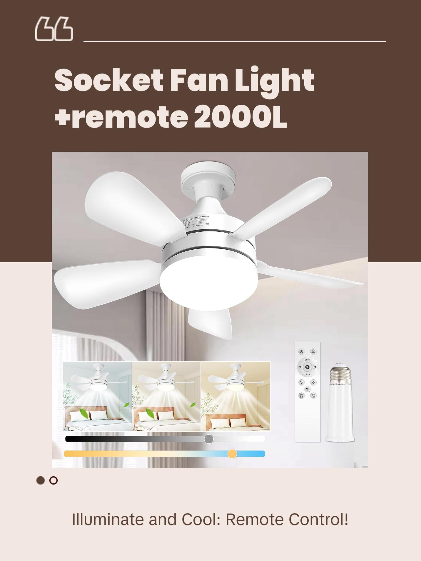 Socket Fan Light +Remote, 2000 Lumens 17.8" E26 Base Screw in Ceiling Fan Dimmbl