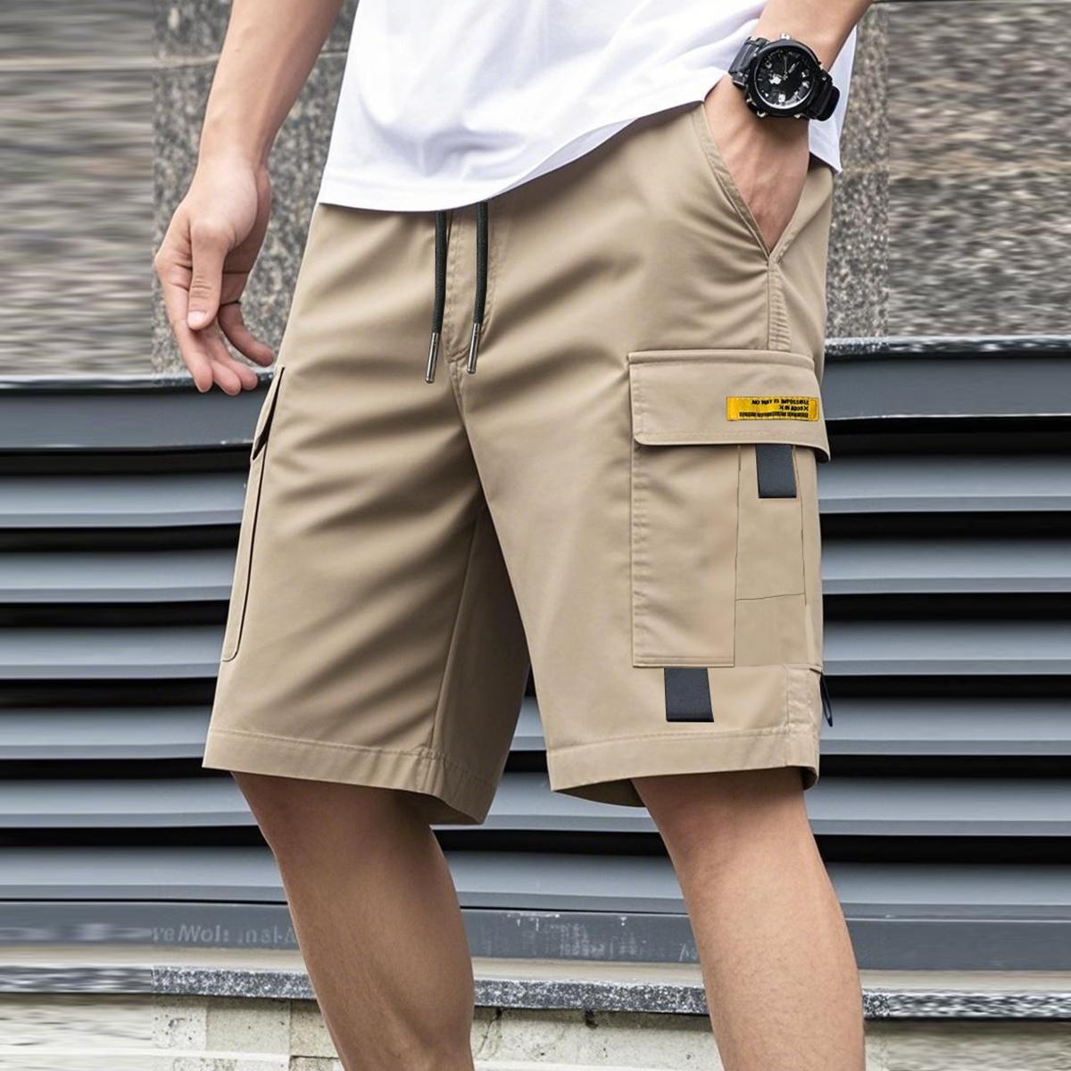 3pcs Men's Casual Cargo Shorts with Drawstring Waist, Flap Pockets, and Label Patches - Ideal for Summer Outdoor Wear , Daily Wear Shorts|Smooth Texture Shorts|No Lining Shorts