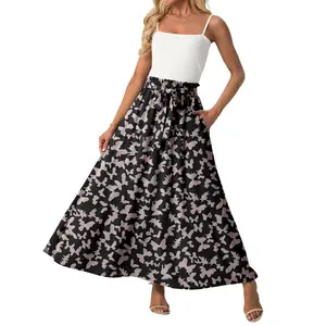 Lepunuo Women Flowy Maxi Skirts Paper Bag High Waisted Long Skirts with Pockets Summer Casual Tie Waist A-Line