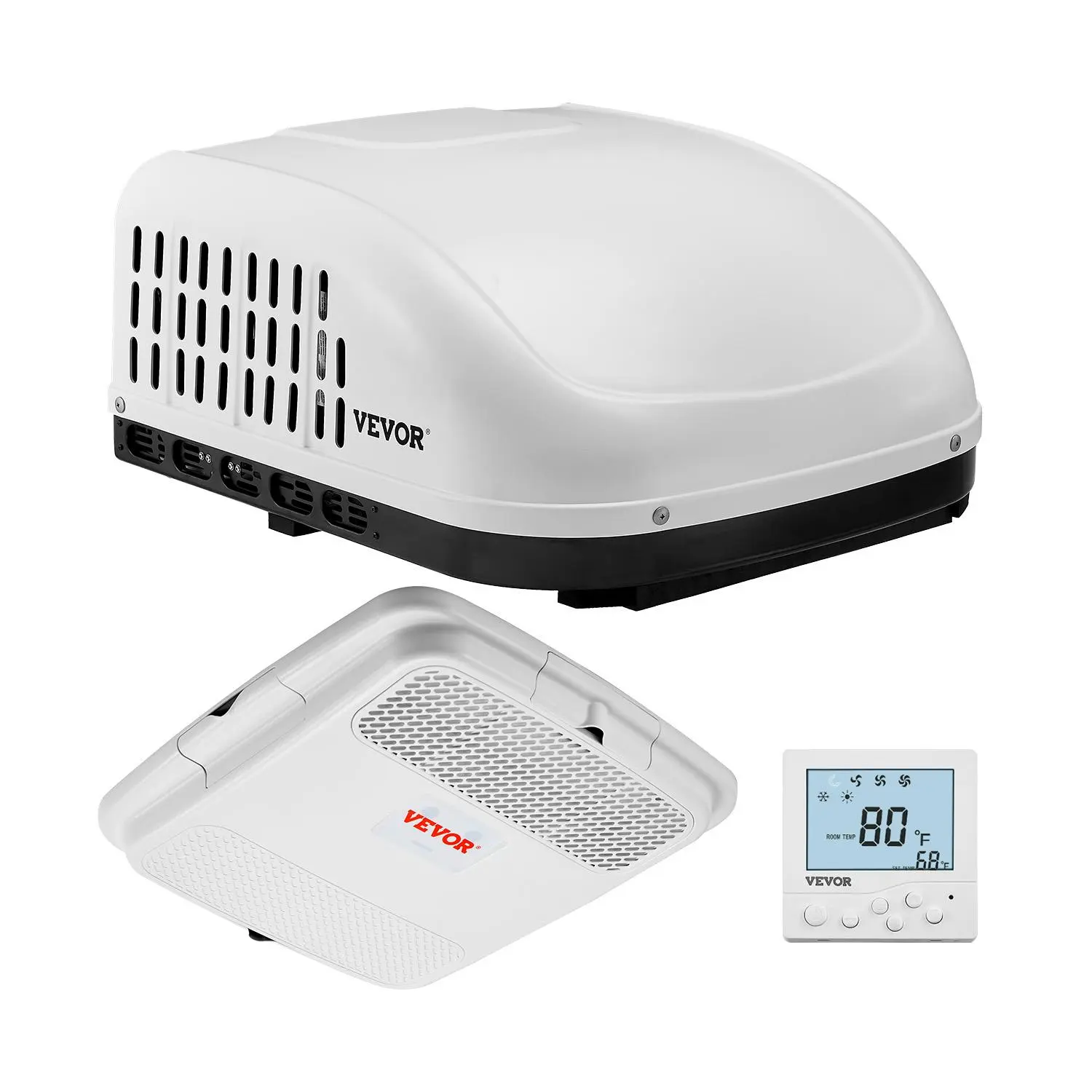 【Summerfinds】VEVOR 13500 BTU Non-Ducted Rooftop RV Air Conditioner with Compressor, 65 dB Quiet Mode, 3 Modes, Timer, 3-Speed Fan, Rapid Cool, EPP Shell, 107.6 Sq. Ft. Coverage, 14.25x14.25 in, Air Distribution Box, Panel & Hardware (White) for Campers, 1