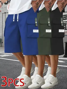 Men’s casual cargo shorts, set of 3 — loose fit with practical pockets, solid color, mid-rise length, suitable for everyday wear and sports; stylish look; durable fabric; outdoor work pants