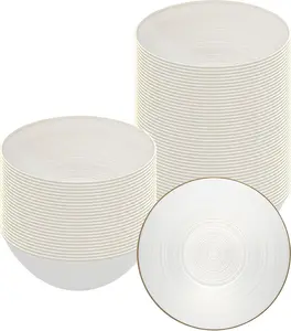 Plastic Bowls 20 Pcs 16 oz Gold Rimmed Disposable Soup Bowls Heavy-Duty White Translucent Rippled Dinnerware Containers for Party, Desserts, Salads, Snacks, and Catering