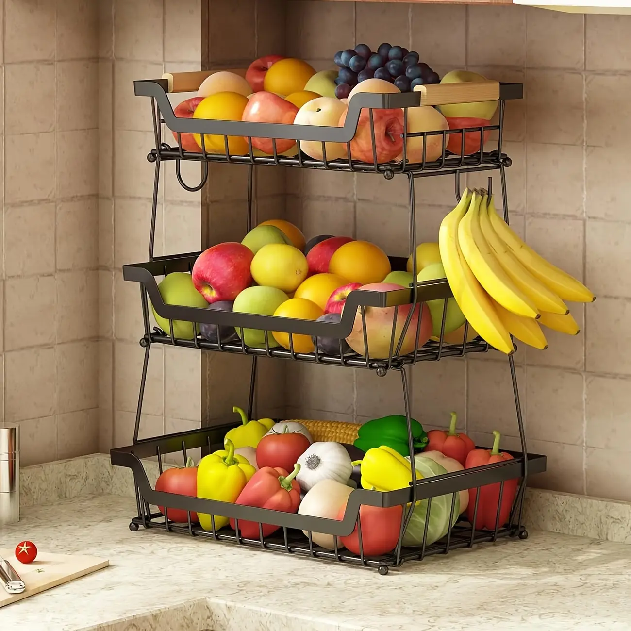 2/3-Tier Countertop Metal Organizer Racks with 2 Banana Hangers, Detachable Wooden Handle Storage Bowls, Large Capacity Rectangular Food Cart for Kitchen Organizer Storage, Kitchen Decor, House Decor, Apartment Accessories