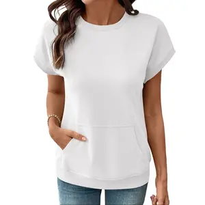Shewin Lady's Minimalist 2026 Summer Vibes Sleeveless Pullover - Solid White Round Neck, Loose Fit Polyester Sweatshirt with Kangaroo Pocket, Ribbed Trim for Daily Casual Wear,summervibes Basic Shortsleeve