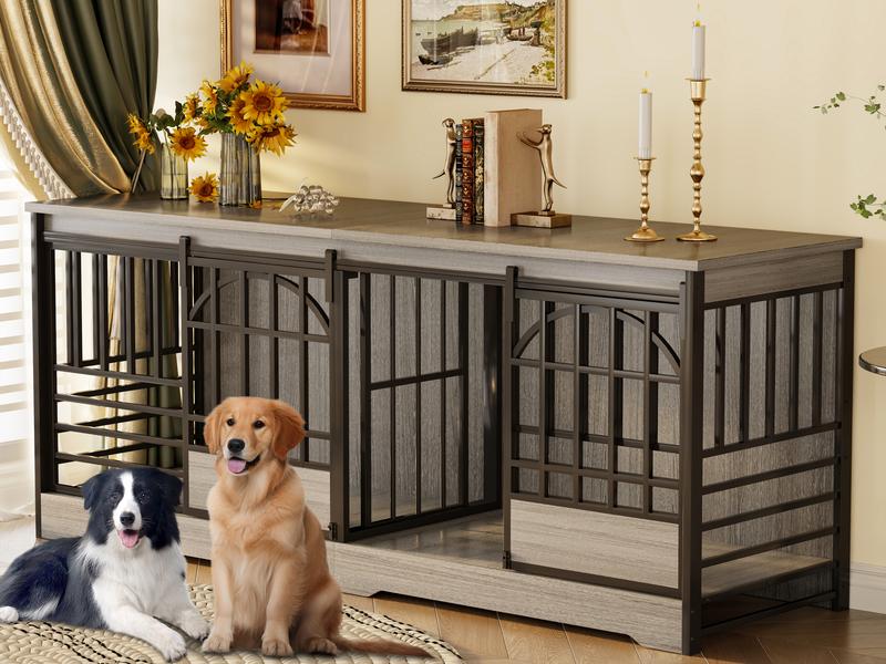 78 Inch Double Dog Crate Furniture, Extra Large Dog Kennel Indoor with Divider, Heavy Duty Dog Cage for 2 Dogs, Decorative Wooden Dog House Decorative Table TV Stand, Pet House for XLarge Dogs,Brown