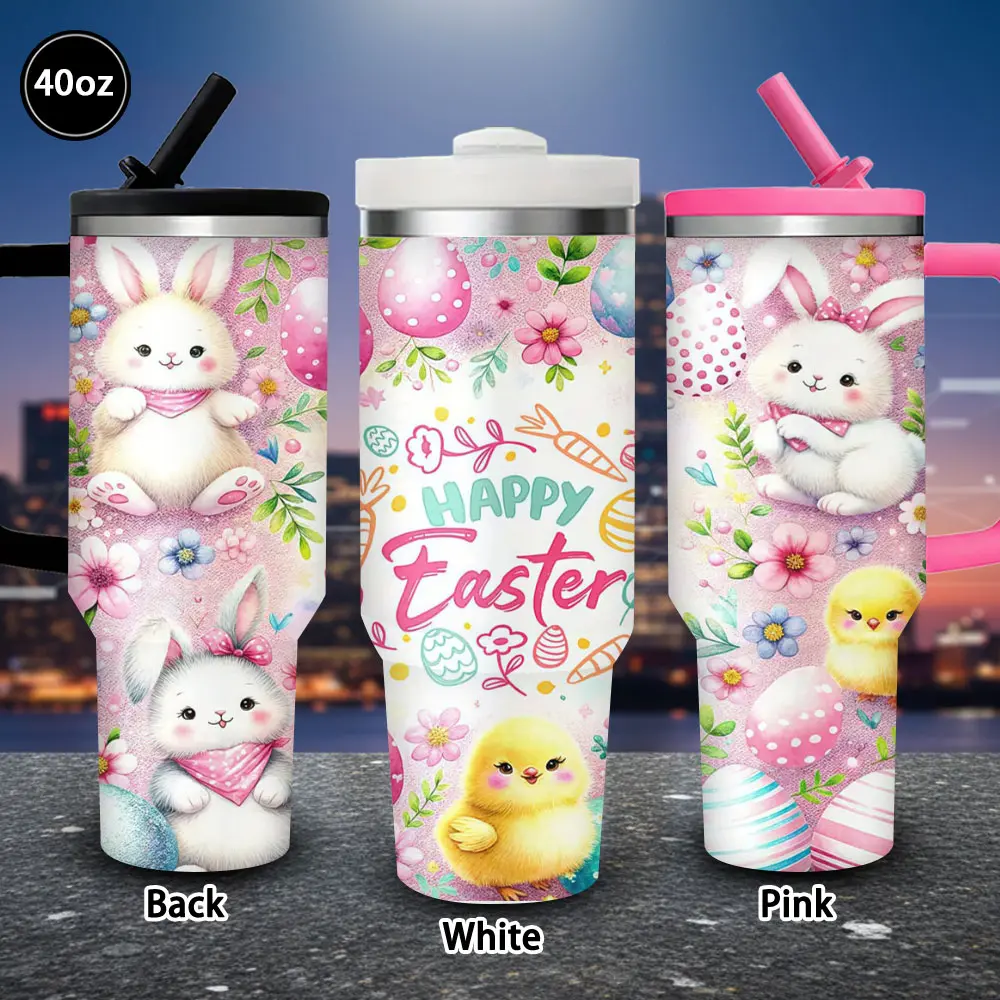 1pc 40oz Pastel Easter Bunny Chick Design Insulated Travel Tumbler with Lid and Straw - Vacuum Flask, Office Coffee Cup, Gift for Women (Ideal for Valentine's Day, Birthday), Flasks