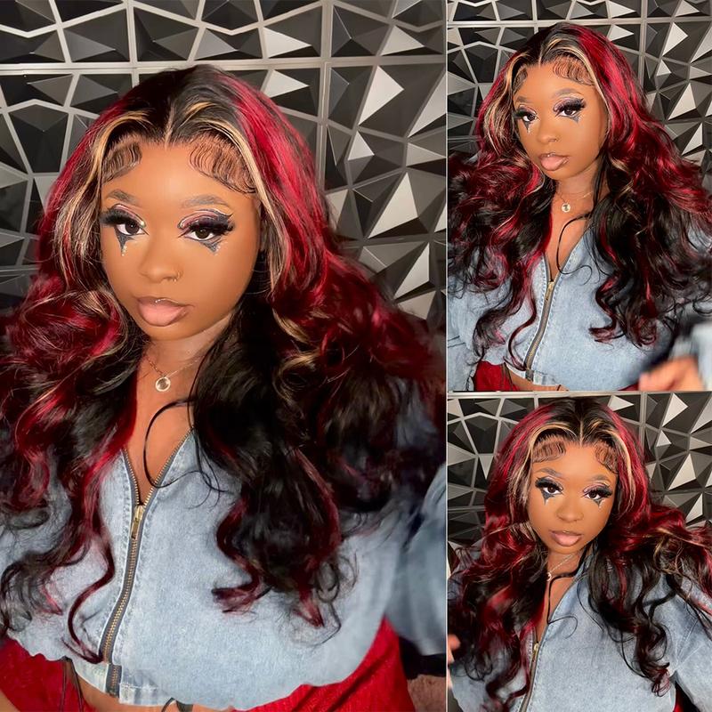 Body Wave Black Red Blonde Highlights Human Hair Wig  Transparent Lace Frontal Wigs Pre Plucked with Baby Hair 180% Density Blonde Red Highlights Wig 13X4 Pre Plucked Lace Front Wig
