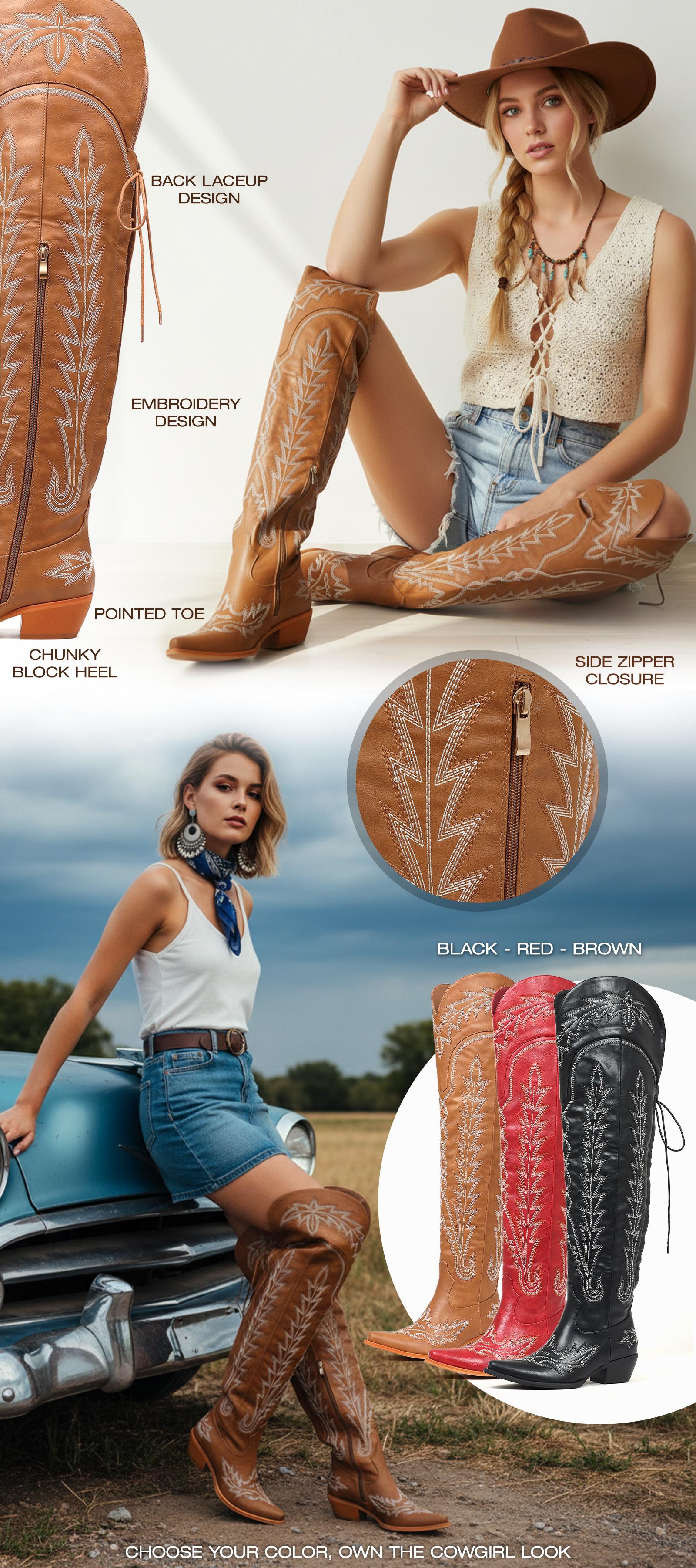 CELNEPHO Women Cowboy Boots Pointed Toe Back Lace up Western Embroidered Booties Block Heel Over the Knee Boots Easy Pull on Side Zipper Gift Horse Riding Country Cowgirl Cosplay Party Dress Shoes