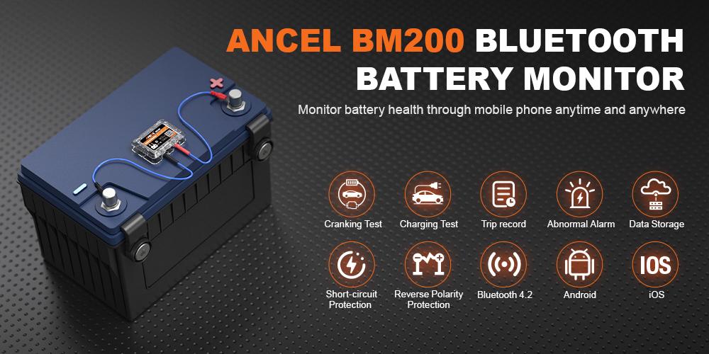 ANCEL BM200 12V Car Battery Tester, Bluetooth 4.2 Auto Battery Monitor for Lithium & Lead-Acid Batteries with Cranking & Charging Test, Alarm, Voltage History Voltmeter for Car/RV/Motorcycle/Truck/Boat