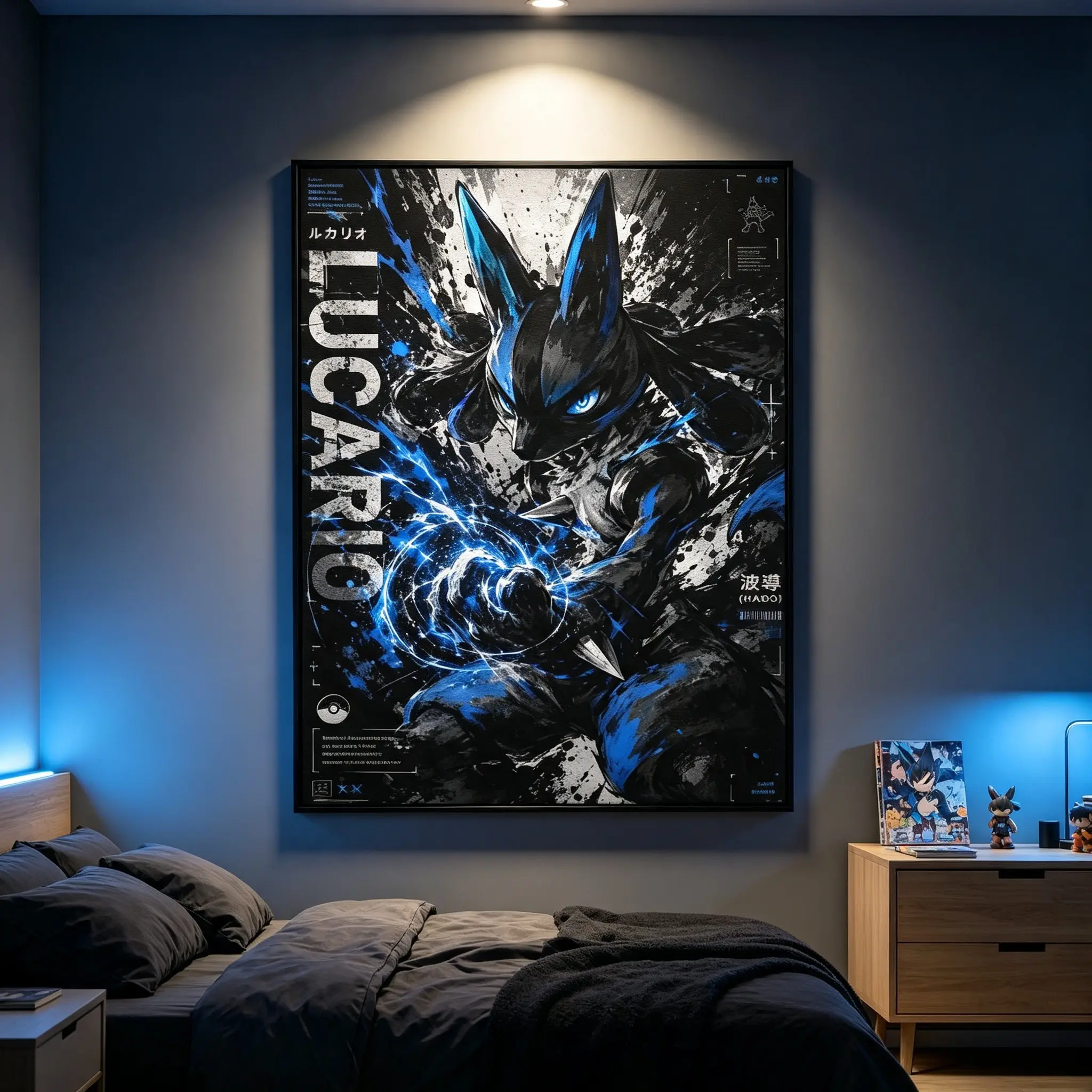 Dark Ink Splash Lucario Framed Canvas Wall Art - Retro Anime Graffiti Pokemon Poster, Plain Wood-Alum. Home Decor, Ready-to-Hang for Otaku Gaming Room
