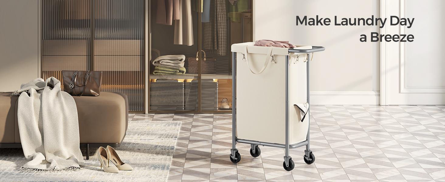SONGMICS HOME Laundry Basket with Wheels, Rectangular Rolling Laundry Hamper, Removable Liner, Steel Frame with Handle, Storage, Organiser