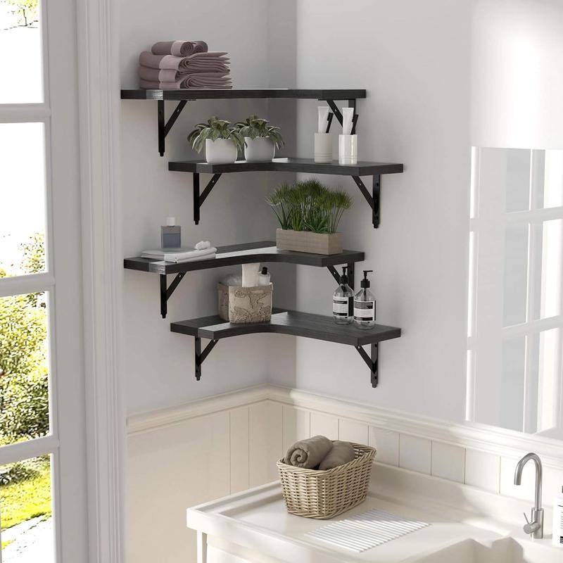 Corner Floating Shelves Wall Mounted Set of 4, Rustic  Storage Display Wall Shelves for  Decor, Bathroom, Kitchen, Bedroom, Living Room, Office (Black)