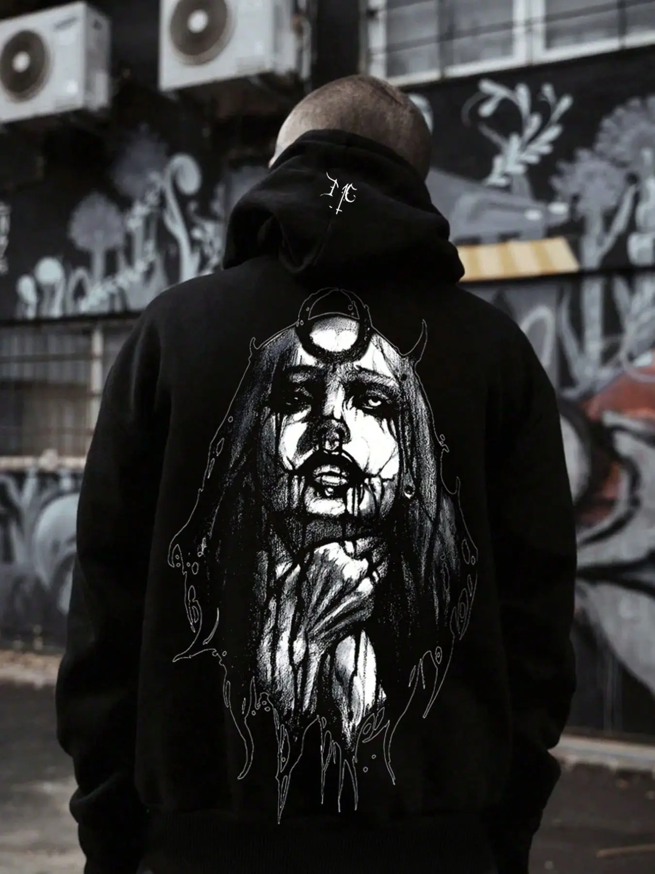 Men's Casual Hooded Sweatshirt Witch Head Graphic Streetwear Clothing, Fall & Winter Comfortable Trendy Long Fitted Pullover, Versatile Autumn Clothing, Gothic Hoodies Printed Hoodie