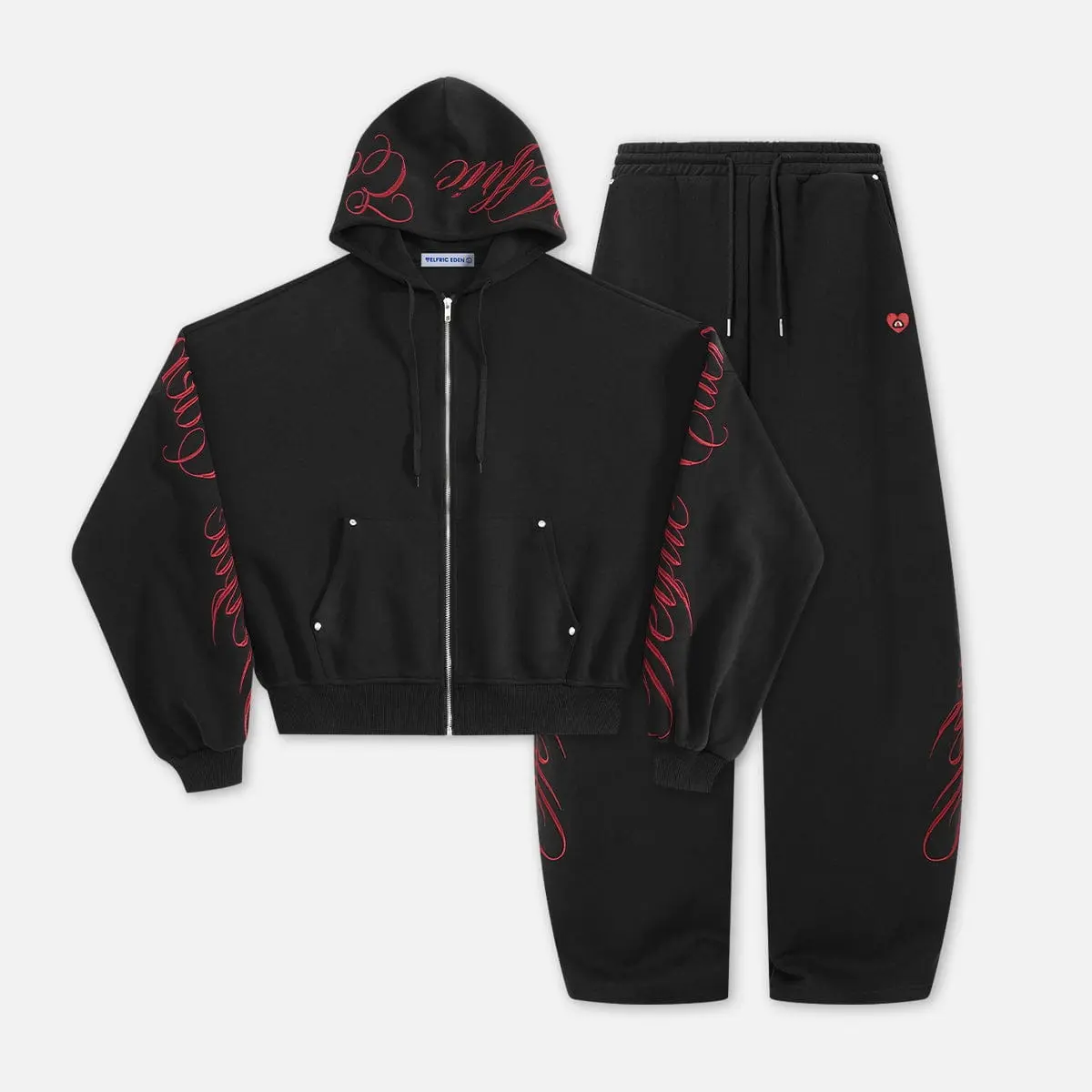 Aelfric Eden Boxy Embroidery 2 Piece Tracksuit Set High Waist Red Gothic Script Embroidery Detail Boxy Cropped Zip Up Hoodie + Baggy Wide Leg Sweatpants Soft Fabric Y2K Streetwear Unisex Two Piece Outfit