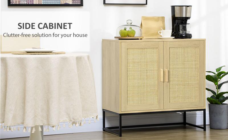 HOMCOM Sideboard Buffet Cabinet, Kitchen Cabinet, Coffee Bar Cabinet with Rattan Doors and Adjustable Shelves