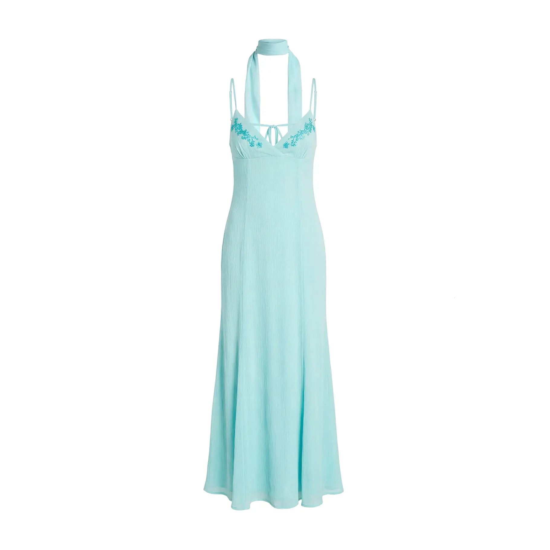 fitted lace wedding dress Aqua Floral Tulle Maxi Dress with Criss Cross Back main image 0
