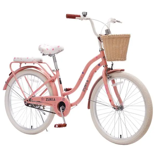 24 Inch Cruiser Bike for Girls, Single Speed Commuter Bicycle with Wicker Basket & Rear Rack, High Carbon Steel Frame Comfort City Bike for Outdoor Riding,Peach Pink Color