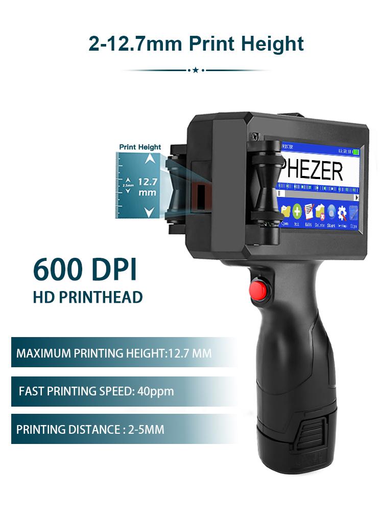 Phezer P15 Smart Touchscreen Handheld Inkjet Coder | High Adhesion PS100 Black Ink (0.5 Inch/12.7mm) | 600DPI Portable Printer for Metal, Glass, Plastic. Prints Date, Batch Code, QR, and Barcode Cloth Printing