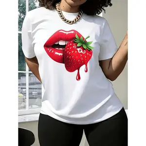 Strawberry Lip Print Casual Women's TShirt Regular Fit Short Sleeve Machine Washable Ideal for Spring Summer Fall Perfect for Sisters