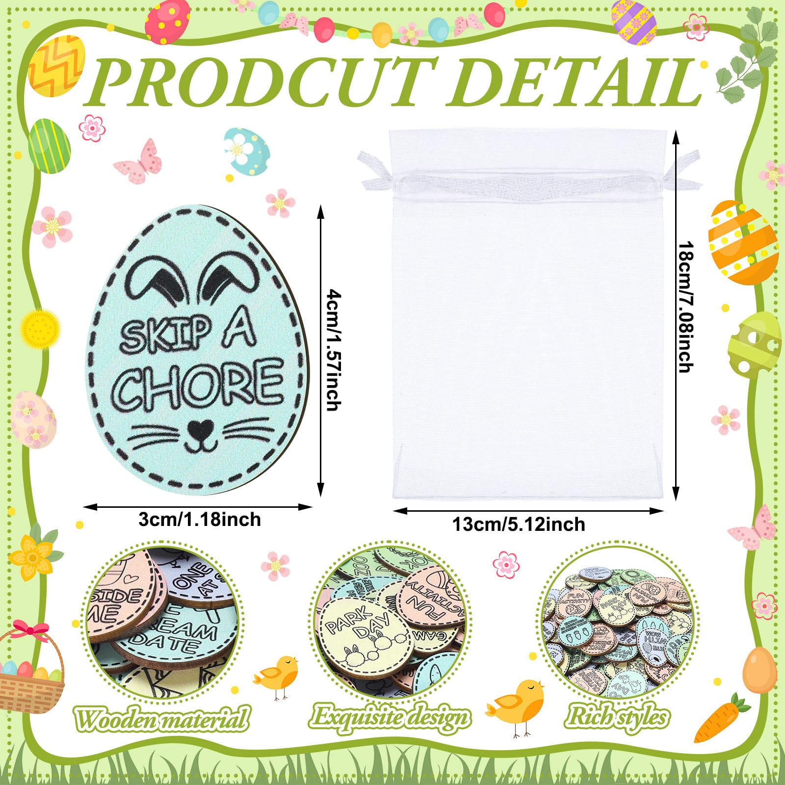 Easter Egg Tokens 30/120 Pcs Reusable Wooden Reward Tokens with 20 Engraved Sayings + 4 Gift Bags - Kids Teens Classroom Prizes Non-Candy Easter Basket Stuffers Spring Party Supplies Set