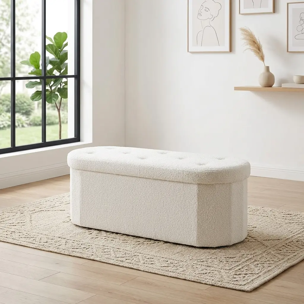 Folding Storage Ottoman Bench, Oval Round Ottoman End of Bed Foot Rest Bench Stool with Cushion, Storage Chest for Bedroom, Living Room, Entryway, Foldable Stool