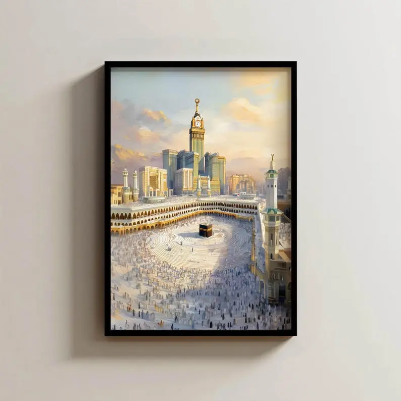 Masjid al Haram Watercolor Wall Art Poster, Saudi Arabia Travel Print, Sacred Mosque Architecture Illustration, Spiritual Islamic Home Decor, Elegant Makkah Cityscape Artwork for Living Room Bedroom Display