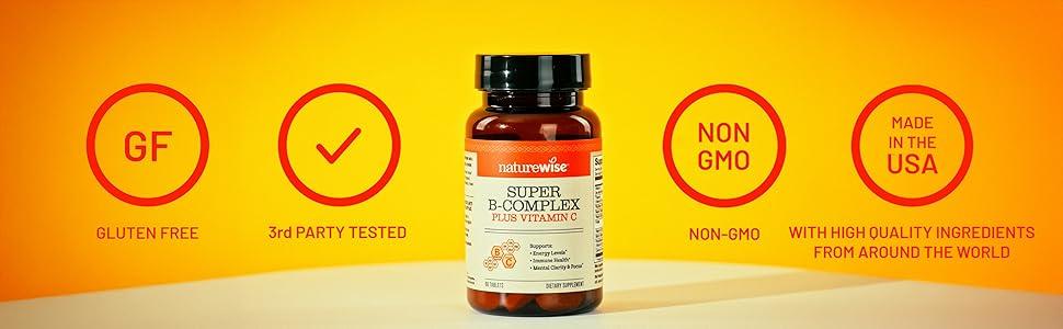 NatureWise Super Vitamin B Complex for Women and Men - with Vitamin C, Folic Acid Biotin B1 B2 B3 B6 B12 - Support Cellular Energy & Mental Clarity - Vegan, Gluten & Dairy Free, Non-GMO - USA Manufactured