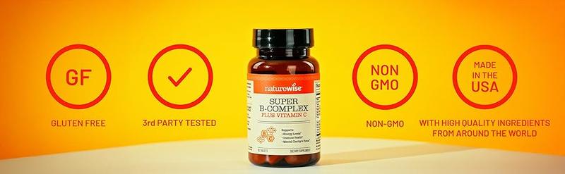 NatureWise Super Vitamin B Complex for Women and Men - with Vitamin C, Folic Acid Biotin B1 B2 B3 B6 B12 - Support Cellular Energy & Mental Clarity - Vegan, Gluten & Dairy Free, Non-GMO - USA Manufactured NatureWise Super Vitamin B Complex for Women and Men - with Vitamin C, Folic Acid Biotin B1 B2 B3 B6 B12 - Support Cellular Energy & Mental Clarity - Vegan, Gluten & Dairy Free, Non-GMO - USA Manufactured
