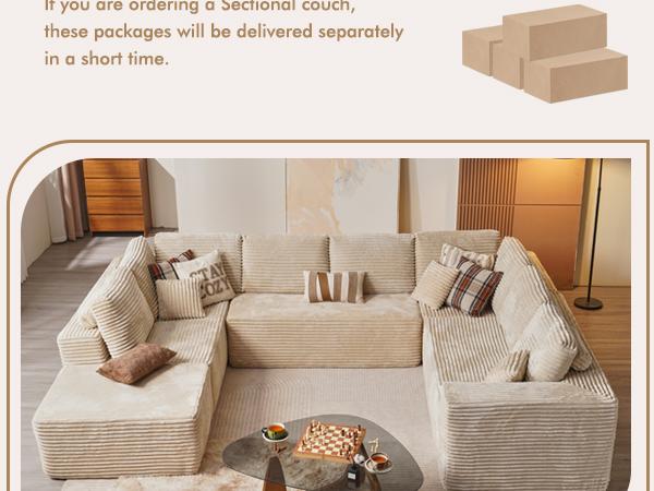 OOSWIFT 135" Boneless Modular Sectional Sofa - High-Density Foam & Pocket Spring, Plush Corduroy CloudCouch with Deep Seat, Ultra-Soft Pet & Kid FriendlyThickened Cushion for Large Living Room Family Lounge,Ideal for Working Reading Relaxing