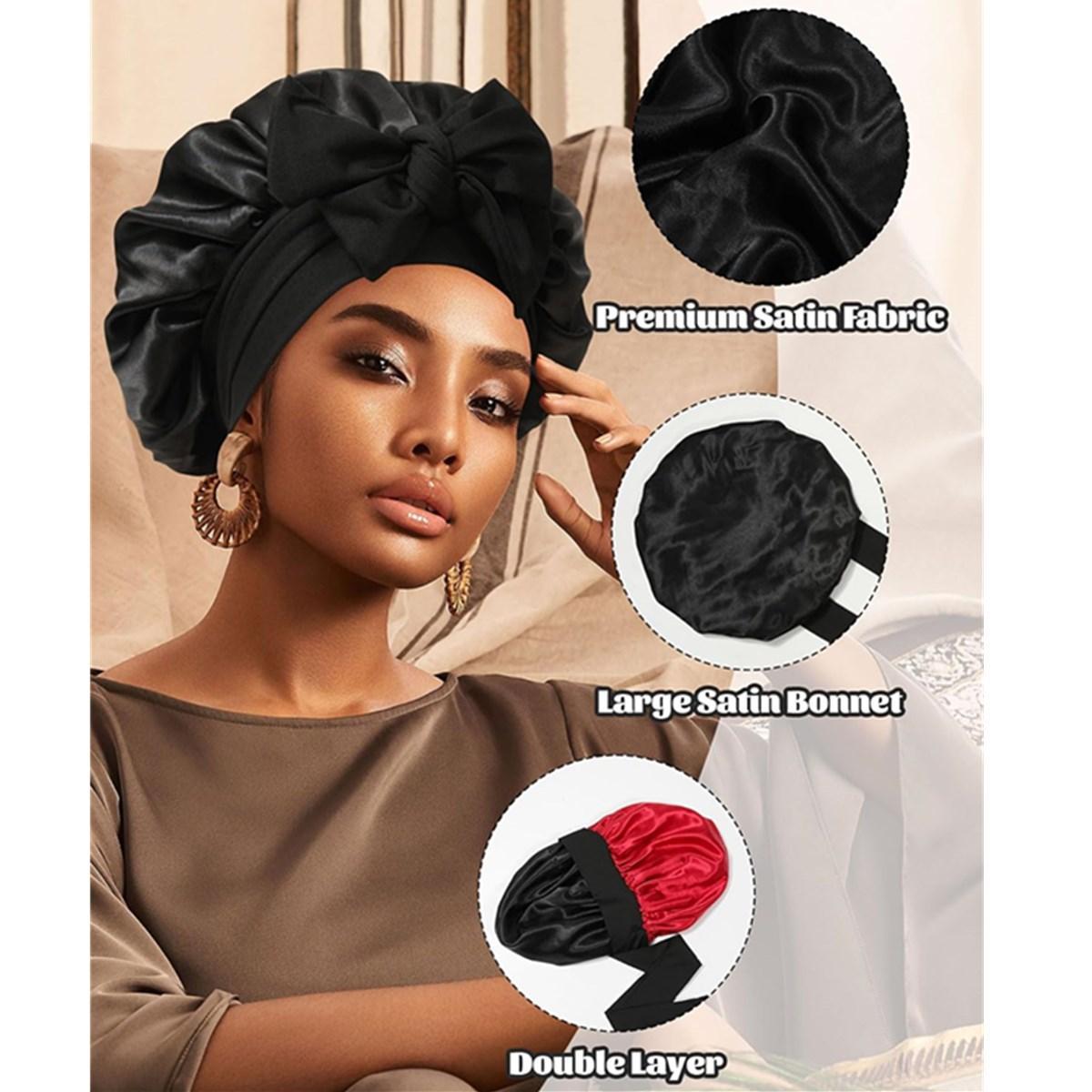 Double Layer Satin Bonnet and Eye Mask 2-piece set for Women Silk-Like Bonnets for Sleeping   cap Curly Nightcap with Elastic Tie Band Gifts for Women Hair Wraps