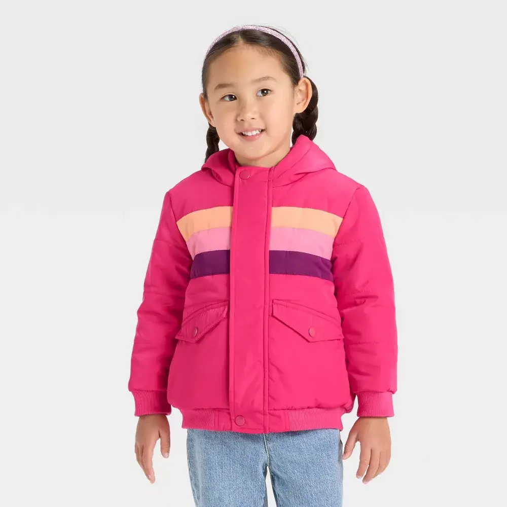 Cat & Jack Toddler Girls' Striped Heavyweight Hooded Puffer Jacket - Toddler Girl Clothes, Full-Length Zipper, Keep Warm, Machine Washable