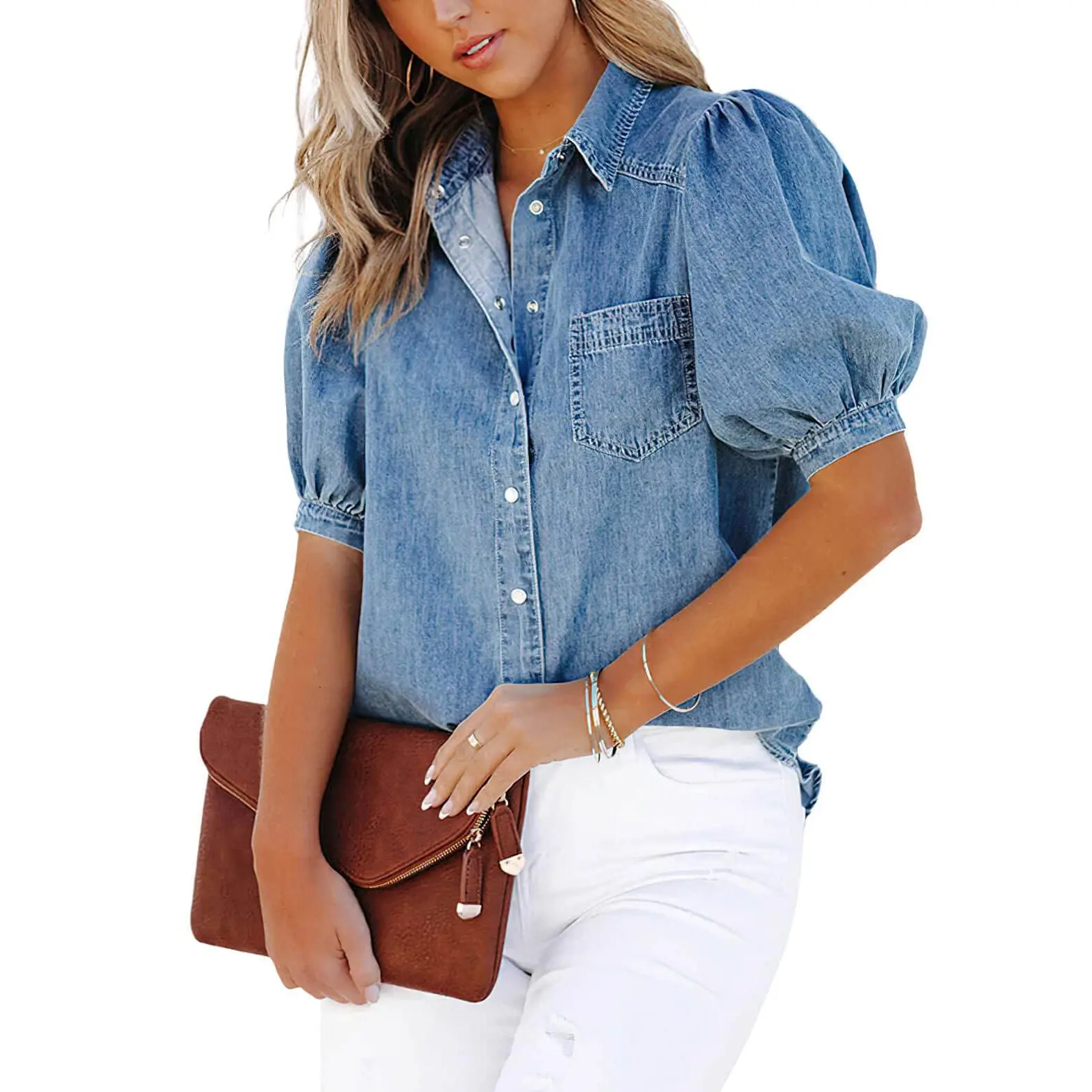 CHARTOU women's casual washed bubble sleeve denim button up shirt cute retro denim short sleeved top,back to school,back to school shopping