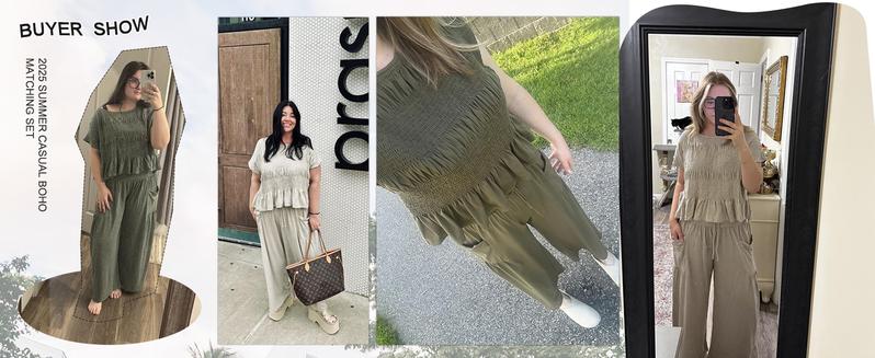 Yeokou Women’s  2-Piece Smocked Top & Wide-Leg Pants Set–High-Waisted Lounge Teacher's Outfit with Pockets Casual Boho Matching Set