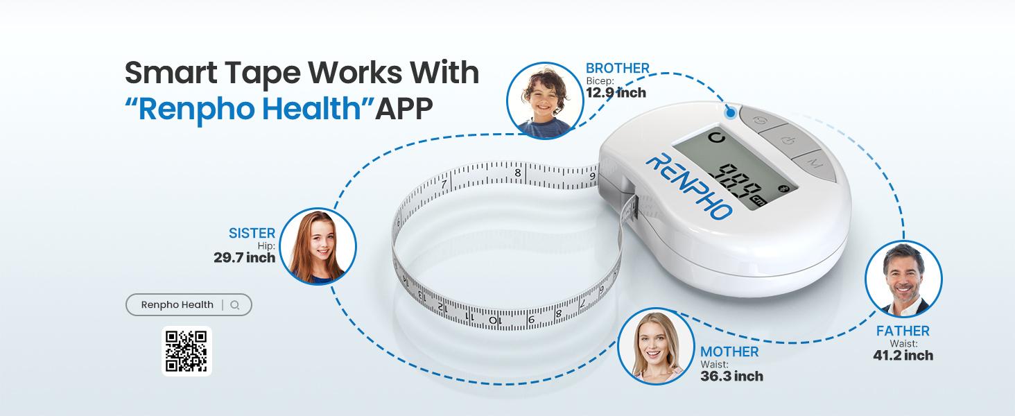 RENPHO Body Measuring Tape, Smart Tape Measure with Bluetooth App, Spring Glow Up Automatic Retractable Tape, Measuring Waist, Hip, Bust, Arms, 60in/150cm Gym Gift