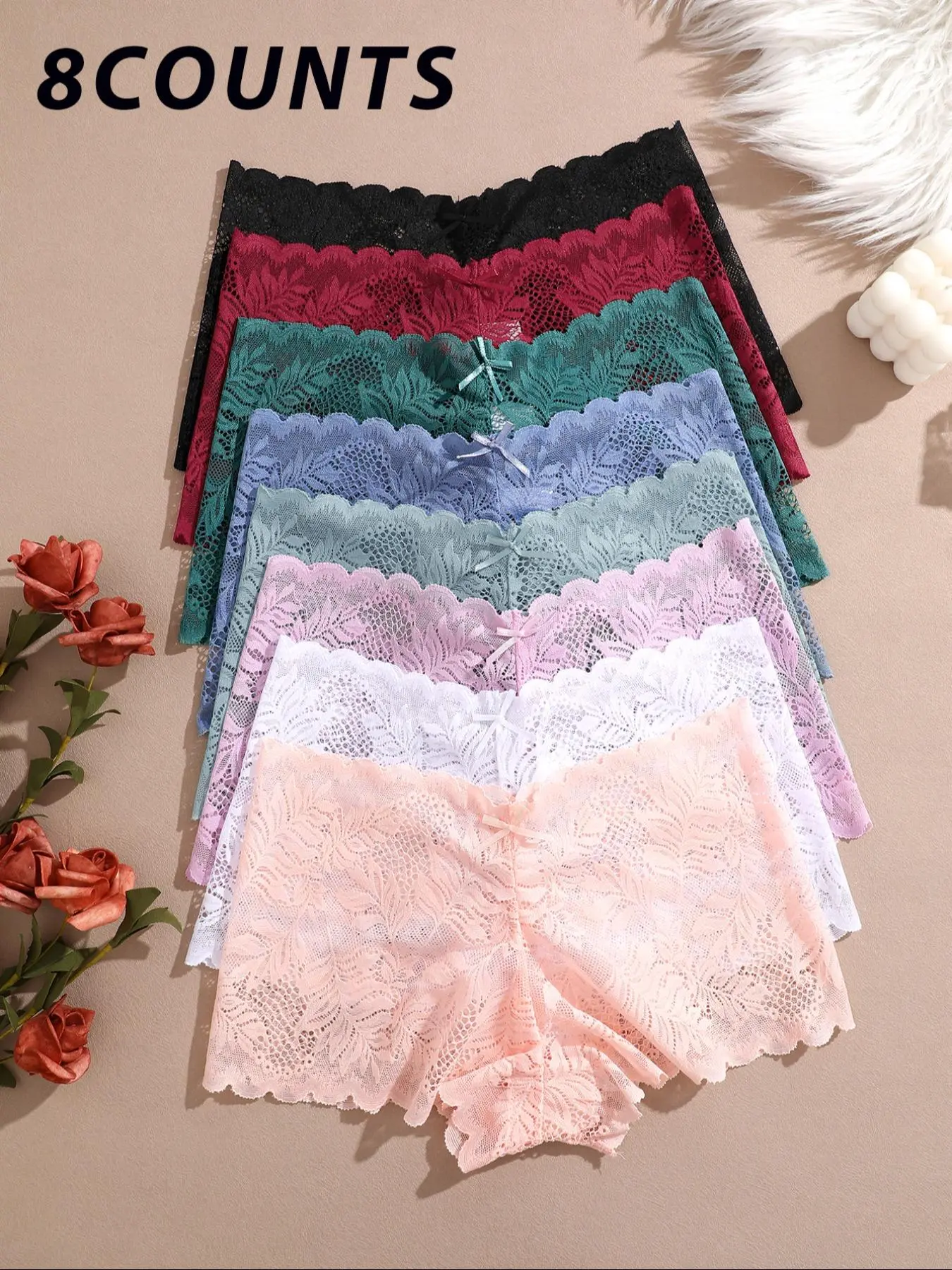 8 Pack Comfy Soft Lace Boyshorts Fitted Panties Set, Sexy, Trendy & Elegant Everyday Underwear