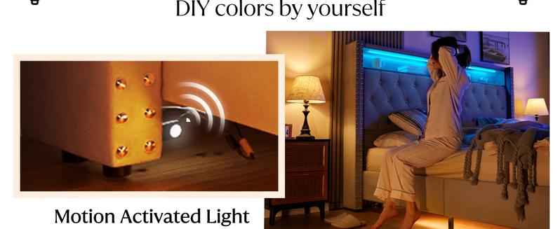 AMERLIFE LED Bed Frame with USB Ports and Motion Activated Night Light, Upholstered Bed Frame with Storage Button Tufted Headboard and Wingback, Comfortable&Sturdy/Queen/King Size/Best Gift Ideas/Christmas Gifts