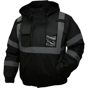 Men's safety jacket, reflective high visibility hooded jacket, high visibility bomber jacket with pockets and zippers, waterproof, black base