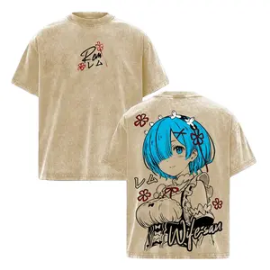 Rem Vintage Washed Oversized T-Shirt – Re:Zero Double Printed Anime Graphic Tee, Retro Oni Maid Heavy Cotton Unisex Streetwear Shirt